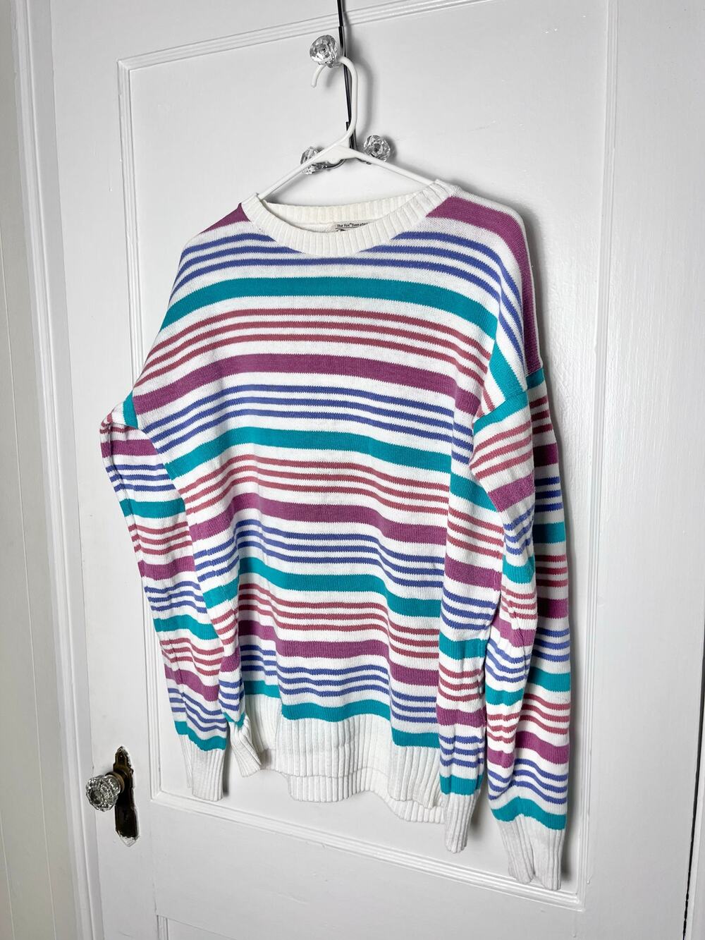 Vintage 90s The Fox Sweater Pink Green Striped Men's XLT Colorful Crewneck